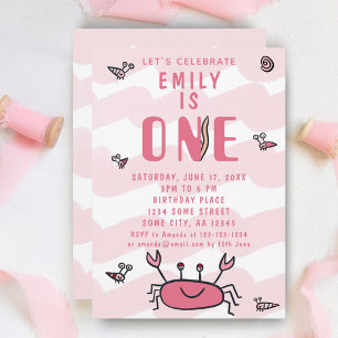 Pink Crab Sea Animals Girl 1st Birthday Invitation