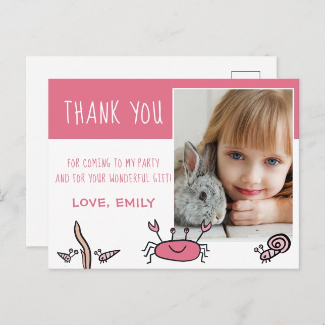 Pink Crab Sea Animals Photo Birthday Thank you Postcard (Front/Back)