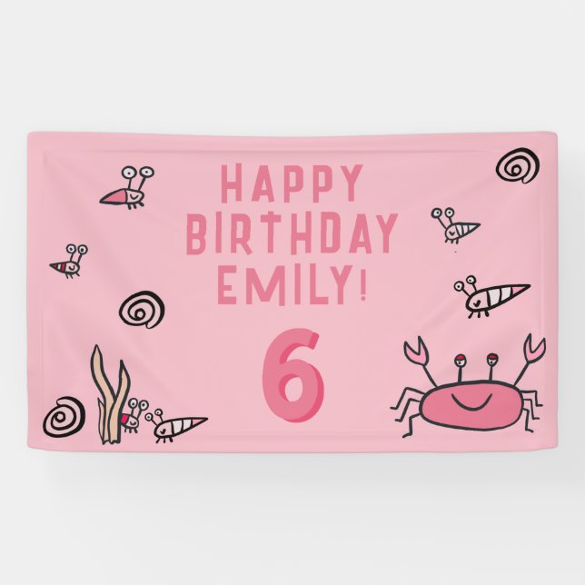 Pink Crab Sea Animals Shell Girl Photo Birthday Banner (Horizontal)