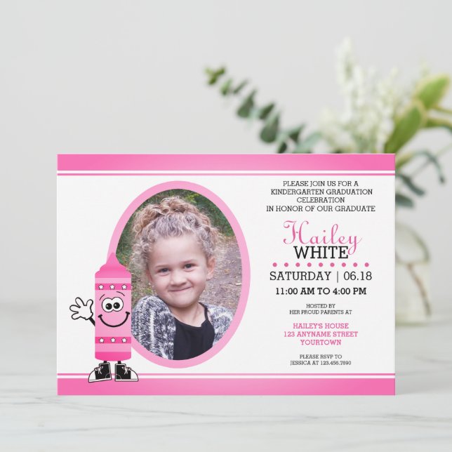 Pink Crayon Kindergarten Grad Party Invitations (Standing Front)