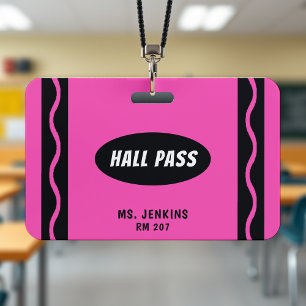Pink Crayon Teacher Student Classroom Hall Pass ID Badge