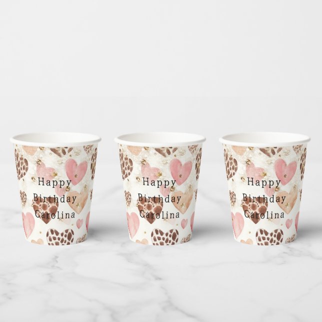 Pink Cream Animal Hearts Gold Sparkle Birthday Paper Cups (Multi)