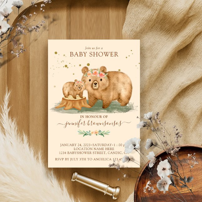 Pink Cream Bear Family Mummy Baby Invitation (Creator Uploaded)