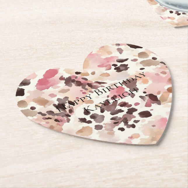 Pink Cream Brown Leopard Birthday Paper Coaster (Angled)