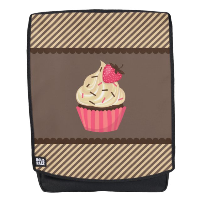 Pink Cream Brown Stripes Strawberry Cupcake Backpack (Front)