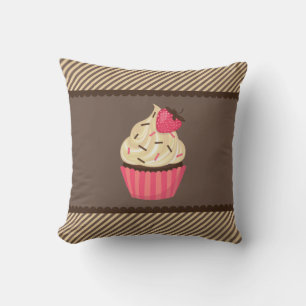 Pink Cream Brown Stripes Strawberry Cupcake Cushion