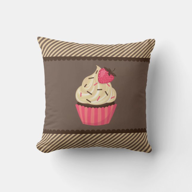 Pink Cream Brown Stripes Strawberry Cupcake Cushion (Front)