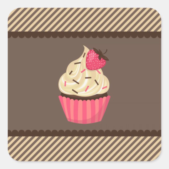 Pink Cream Brown Stripes Strawberry Cupcake Square Sticker (Front)