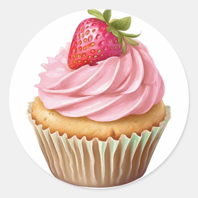 Pink cream cupcake with berries birthday  classic round sticker (Front)