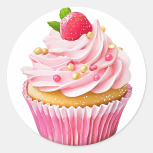 Pink cream cupcake with berries birthday  classic round sticker