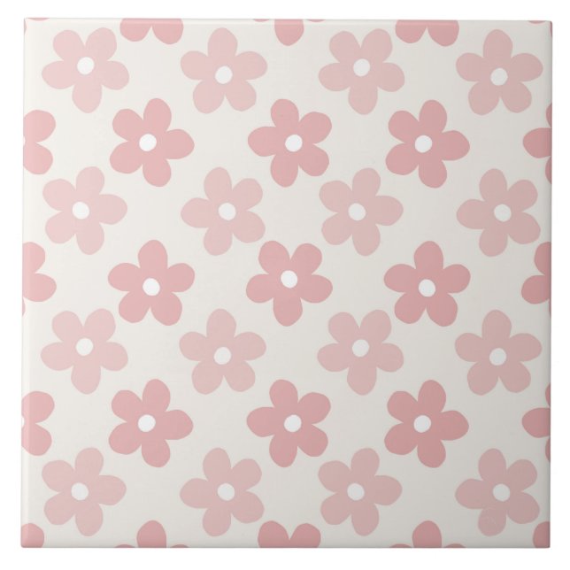 Pink Cream Daisy Flowers Retro Pattern Ceramic Tile (Front)