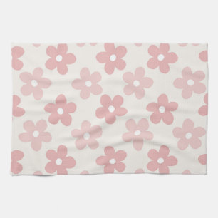 Pink Cream Daisy Flowers Retro Pattern Tea Towel