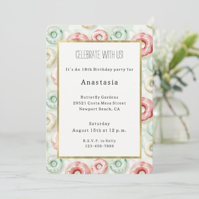 Pink Cream Donuts Birthday Invitation (Standing Front)
