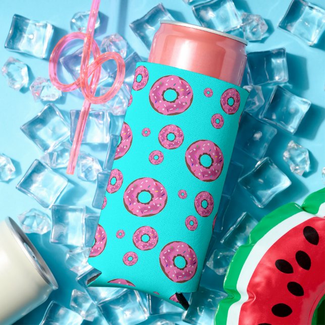 Pink cream doughnuts pattern blue seltzer can cooler (In Situ Summer)