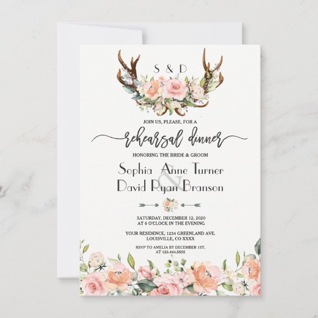 Pink Cream Floral Antlers Rehearsal Dinner Invitation (Front)