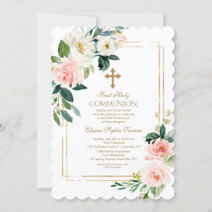 Pink Cream Floral Geometric First Holy Communion Invitation