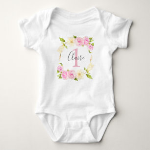 Pink Cream Floral Girl 1st Birthday Baby Bodysuit