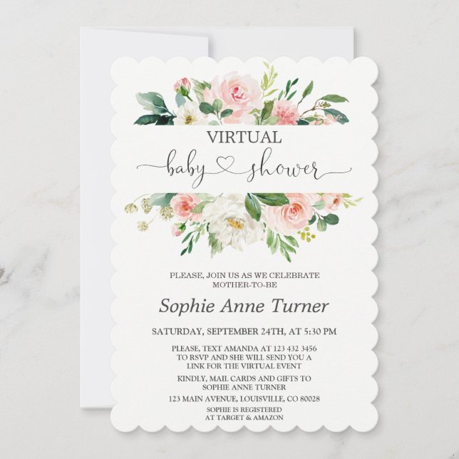 Pink Cream Flowers Calligraphy Virtual Baby Shower Invitation (Front)