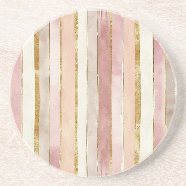 Pink Cream Gold Blush Stripes Coaster (Front)