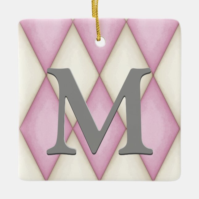 Pink & Cream Harelquin Check Pretty Personalised Ceramic Ornament (Front)