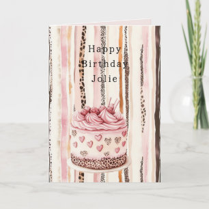 Pink Cream Hearts Leopard Animal Cake Birthday Card