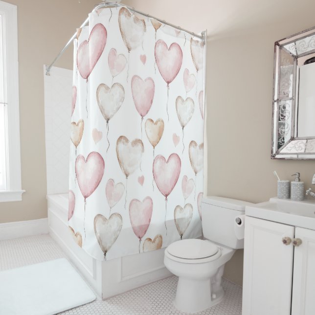 Pink Cream Hearts Shower Curtain (In Situ)