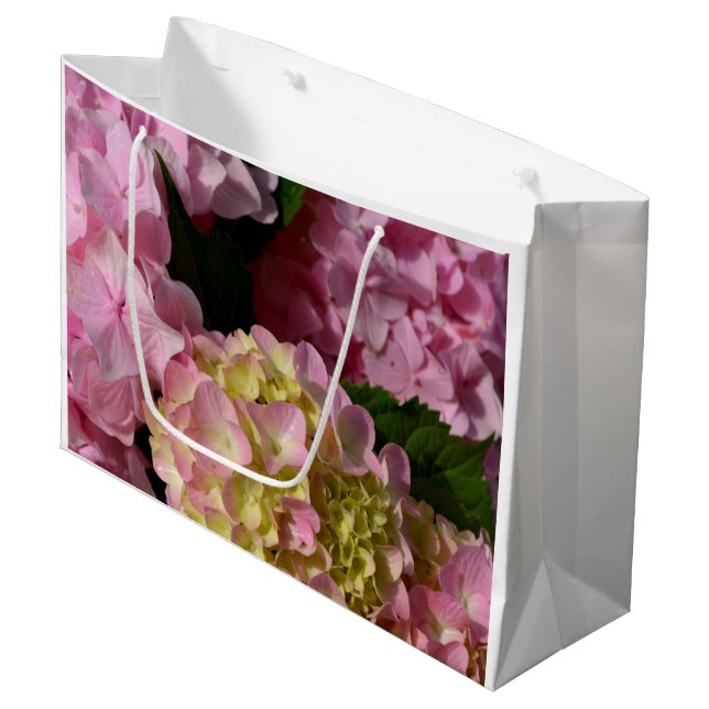 Pink Cream Hydrangeas yellow pink green floral  Large Gift Bag (Front Angled)