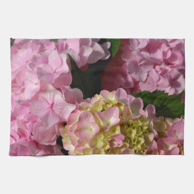 Pink Cream Hydrangeas yellow pink green floral  Tea Towel (Horizontal)