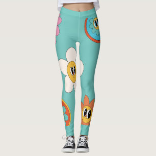 pink cream illustration retro flower leggings