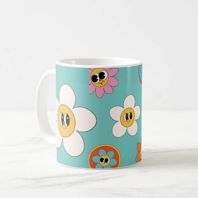pink cream illustration retro flower mug (Front Left)
