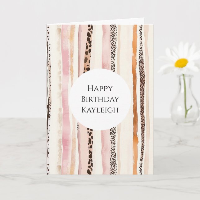 Pink Cream Leopard Print Stripes Birthday Card (Small Plant)