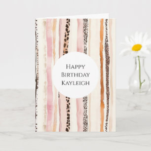 Pink Cream Leopard Print Stripes Birthday Card