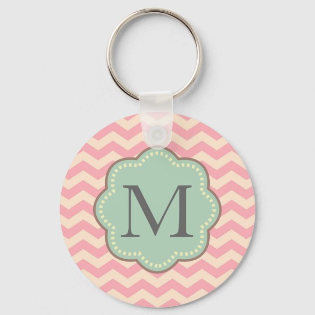 Pink Cream Mint Chevron Stripes Monogram Key Ring (Front)
