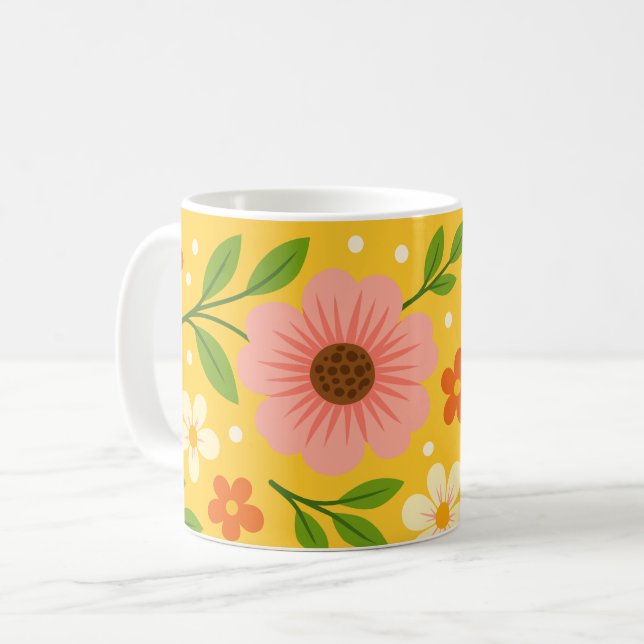 Pink, cream & Orange Flowers with Green Leaves Coffee Mug (Front Left)