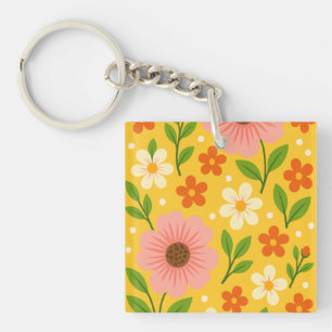 Pink, cream & Orange Flowers with Green Leaves Key Ring