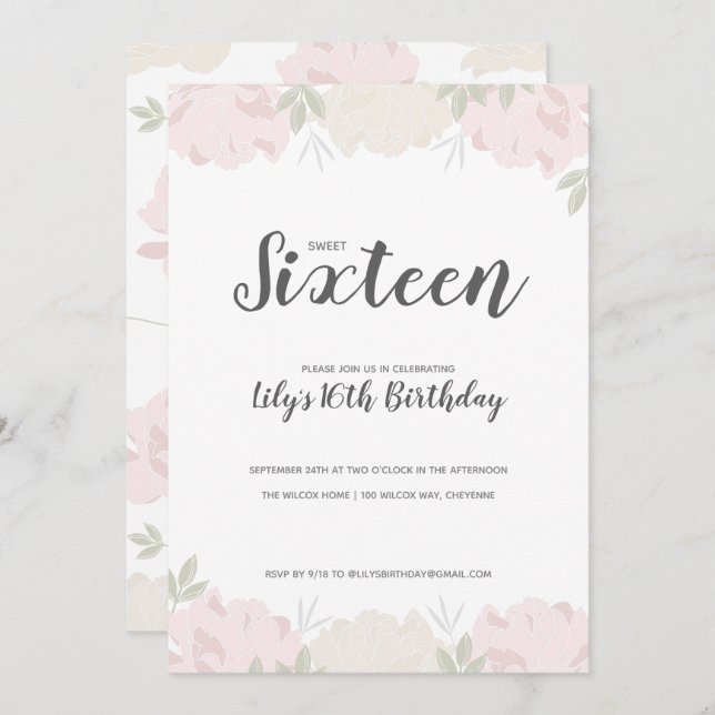 Pink & Cream Peonies Sweet 16 Birthday Party Invitation (Front/Back)