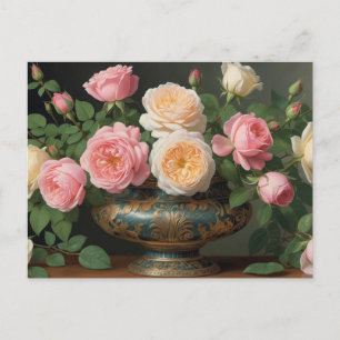 Pink, Cream Roses in Vintage Vase Postcard