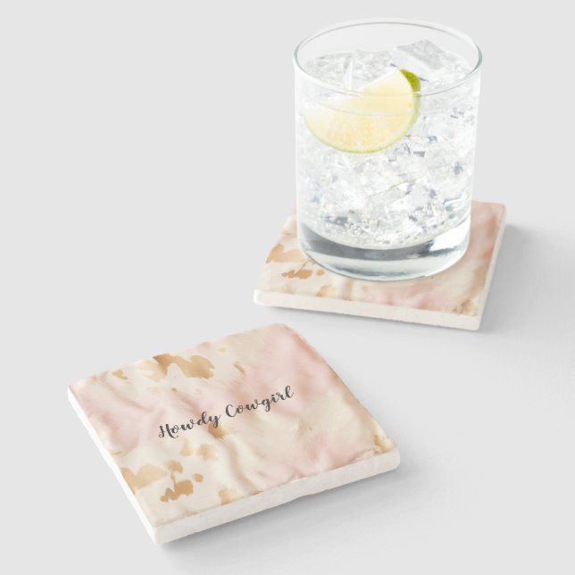 Pink Cream Southwest Cowgirl Cowhide Stone Coaster (Side)