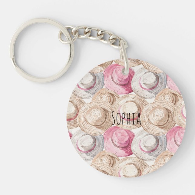 Pink Cream Straw Hats  Key Ring (Front)