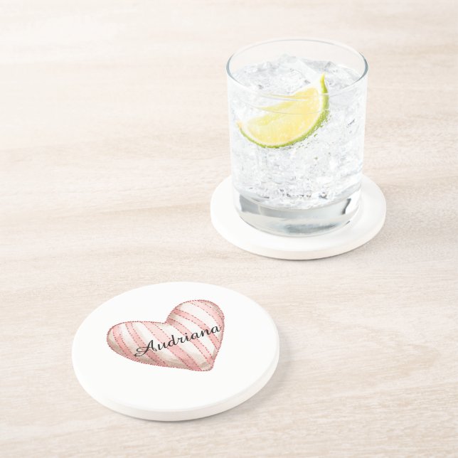 Pink Cream Stripes Heart Coaster (Side)