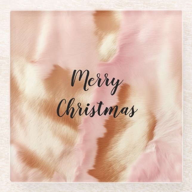 Pink Cream Tan Southwest Cowgirl Cowhide Glass Coaster (Front)