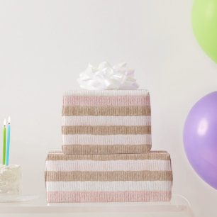 Pink Cream Tan Stripes Birthday Wrapping Paper
