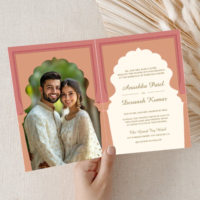 Pink Cream Traditional Indian Arch Photo Wedding Invitation (Creator Uploaded)