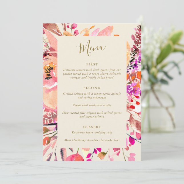 Pink Cream Watercolor Floral Custom Wedding Menu Invitation (Standing Front)