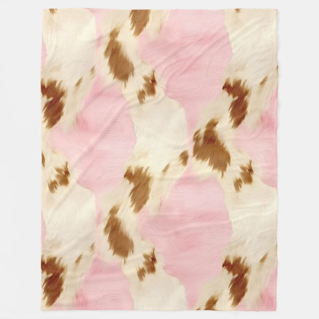 Pink Cream White Brown Cowhide Fleece Blanket (Front)