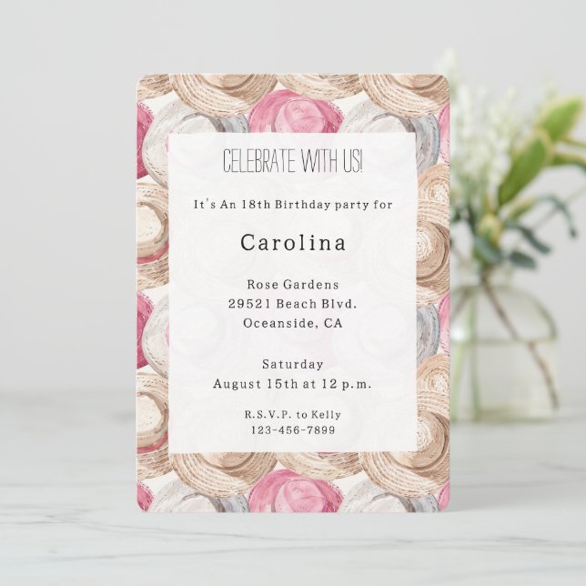 Pink Cream White Straw Hats Birthday Invitation (Standing Front)