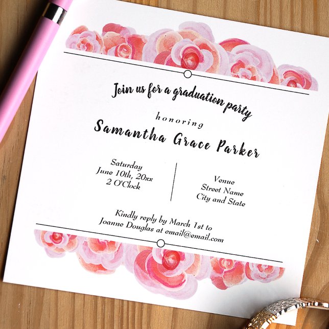 Pink & Creamsicle Botanical Roses Party Invitation (Peach, pink, and black floral graduation party invitation for a Spring botanical roses theme)