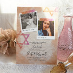 Pink, Creamsicle Orange Bat Mitzvah Sparkle Stars Invitation<br><div class="desc">Scrapbook style Bat Mitzvah invitation with pink and creamsicle glitter details. Cute square photos with star of David artwork on crumpled paper is a beautiful vintage look for your birthday celebration. Captions written on photos can be changed to any beautiful wording you choose. Easily upload your photos into the photo...</div>