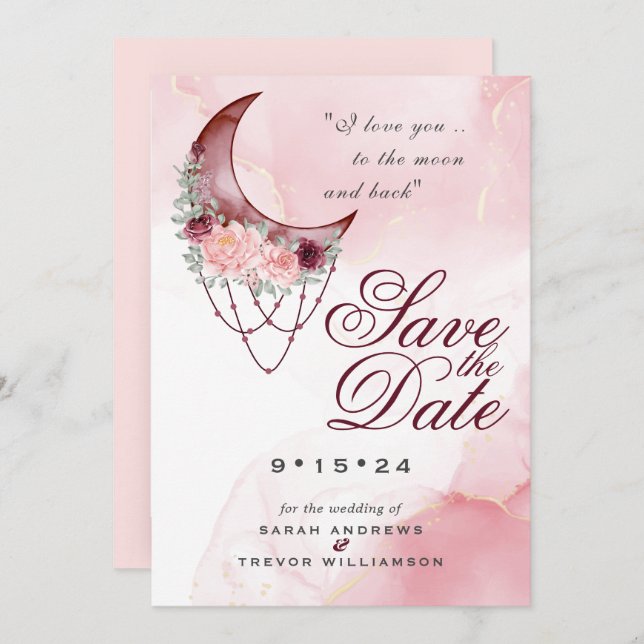 Pink Crescent Moon Photo Save the Date Invitation (Front/Back)