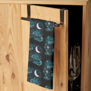 Pink Crescent Moon Stars Celestial Black Halloween Tea Towel